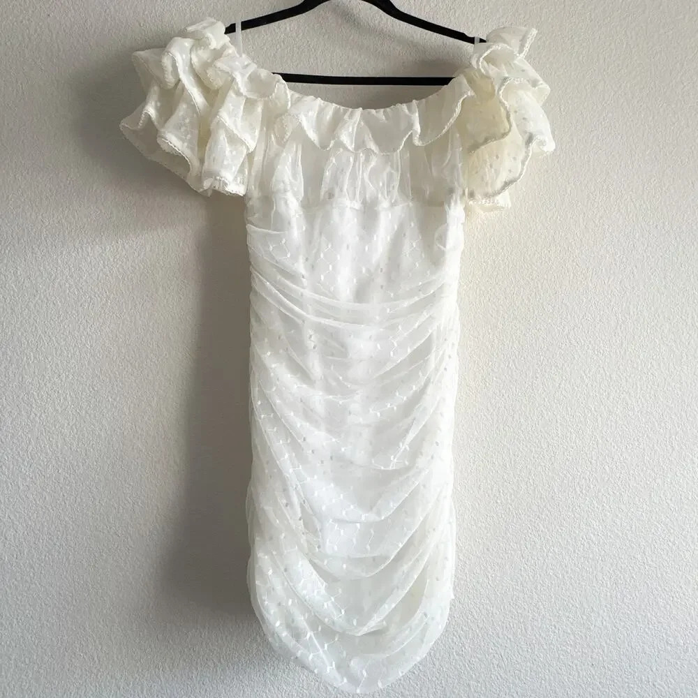 Camila Coelho Eva Mini Dress Ruched Mesh White Ivory Size Medium - Picture 3 of 14